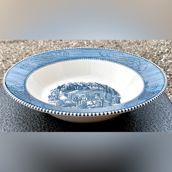 Royal China CURRIER & IVES Blue Scroll MAPLE SUGARING Rimmmed 9” Vegetable Bowl - Picture 8 of 16